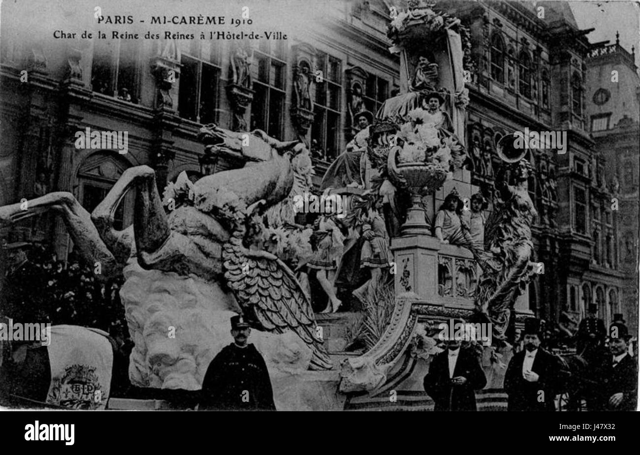„MI CAREME 1910“ ist eine historische Darstellung der jährlichen französischen Feier des Mardi Gras in Paris und zeigt die lebendigen Kostüme und Festlichkeiten der damaligen Zeit. Stockfoto
