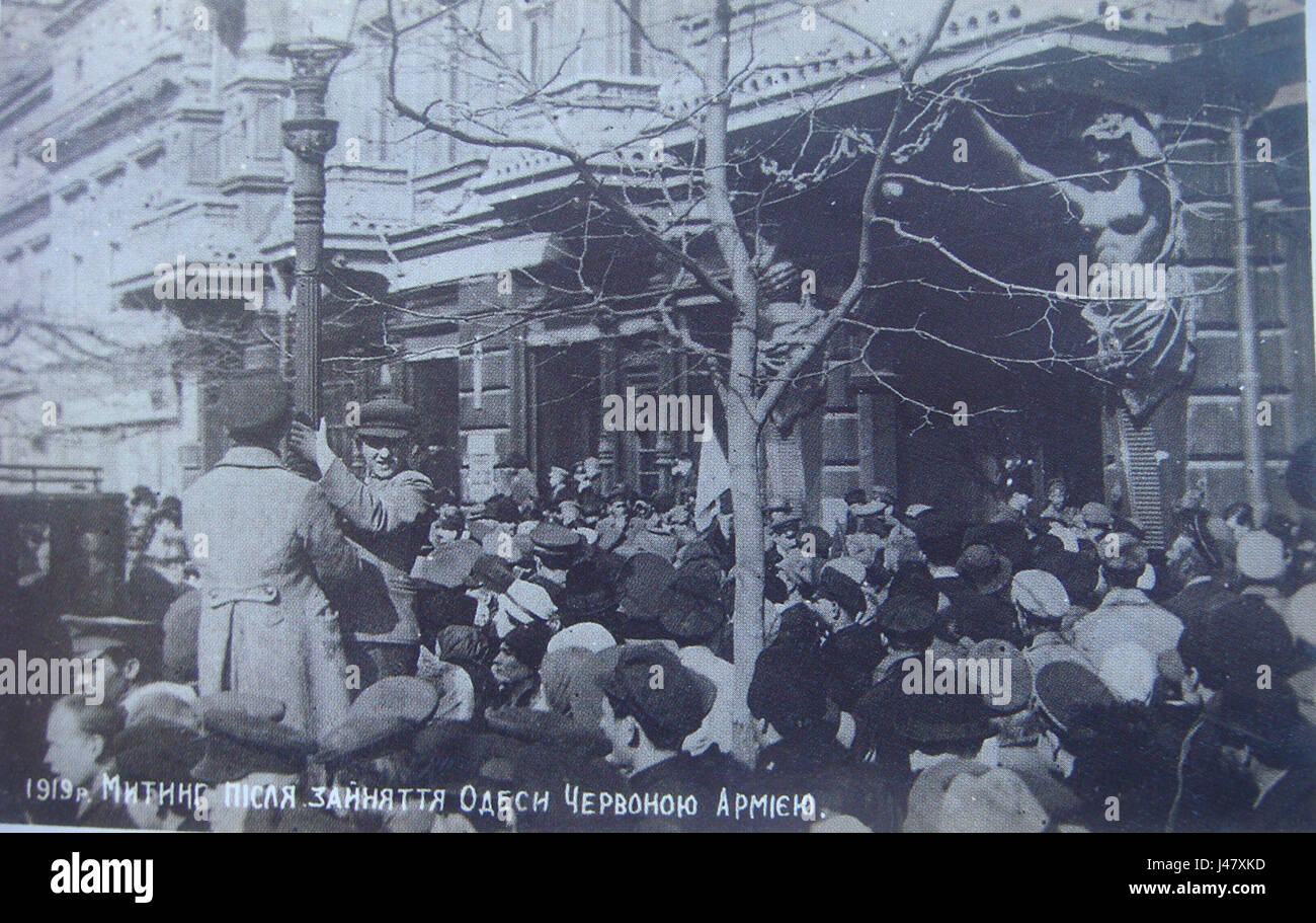 Im April 1919 fand in Odessa ein bolschewistisches Treffen statt, ein wichtiges Ereignis während des russischen Bürgerkriegs. Die Versammlung war Teil des umfassenderen Kampfes zwischen Bolschewisten und antibolschewistischen Kräften in der Ukraine. Stockfoto