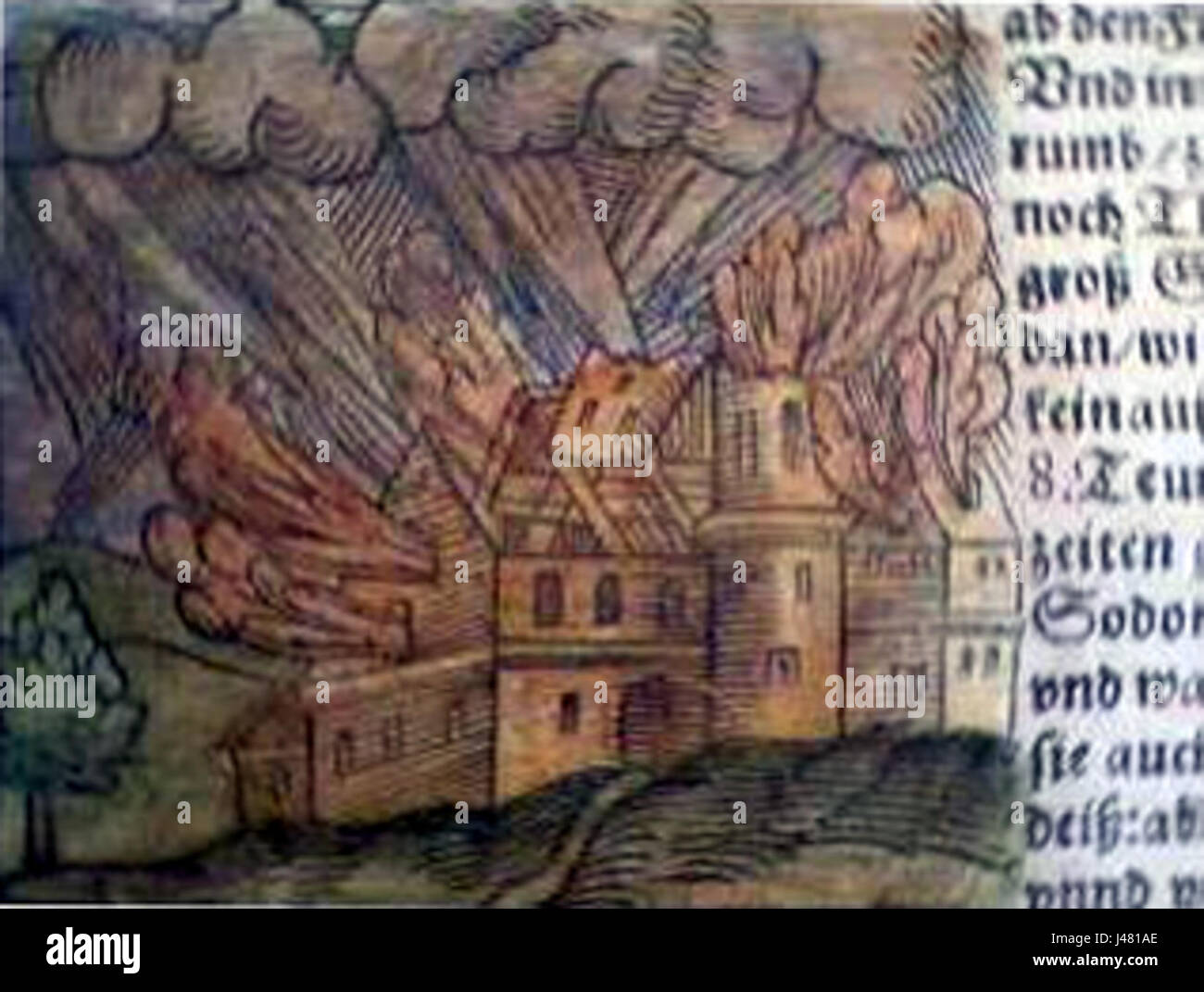 Dies bezieht sich auf die biblische Stadt Sodom, wie sie in den Werken Münsters dargestellt wird. Sodom wurde wegen des sündigen Verhaltens seiner Bewohner, wie es in der Bibel in Genesis beschrieben wurde, zerstört. Stockfoto