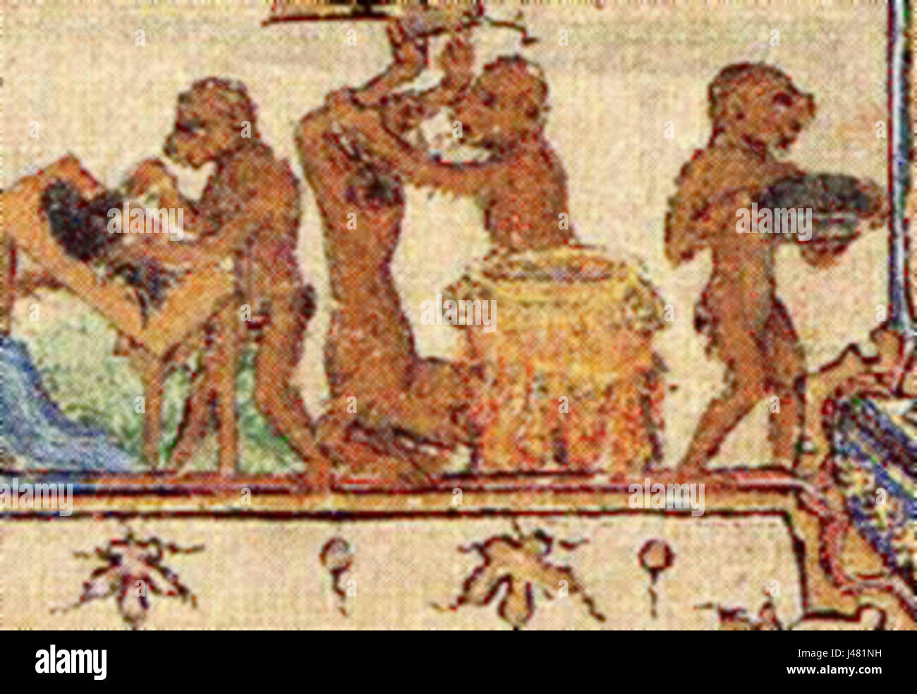 Dieses Bild zeigt Affen, die kochen, dargestellt in *Fitzwilliam 38* aus dem Jahr 1950. Das Kunstwerk präsentiert die Tiere humorvoll auf anthropomorphe Art und Weise und nimmt menschliche Aufgaben an. Stockfoto