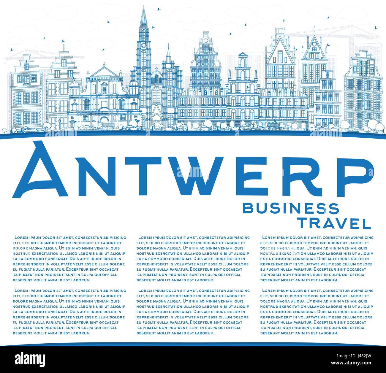 Umriss Antwerpen mit blauen Gebäuden und textfreiraum Skyline. Vektor-Illustration. Geschäftsreisen und Tourismus-Konzept mit historischer Architektur. Stock Vektor