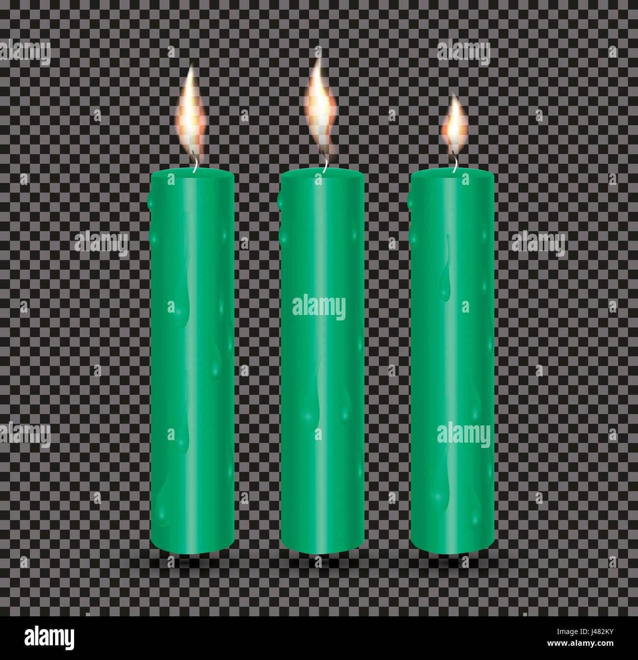 Realistische grün leuchtenden Kerzen mit geschmolzenem Wachs. Vektor-Illustration Stock Vektor