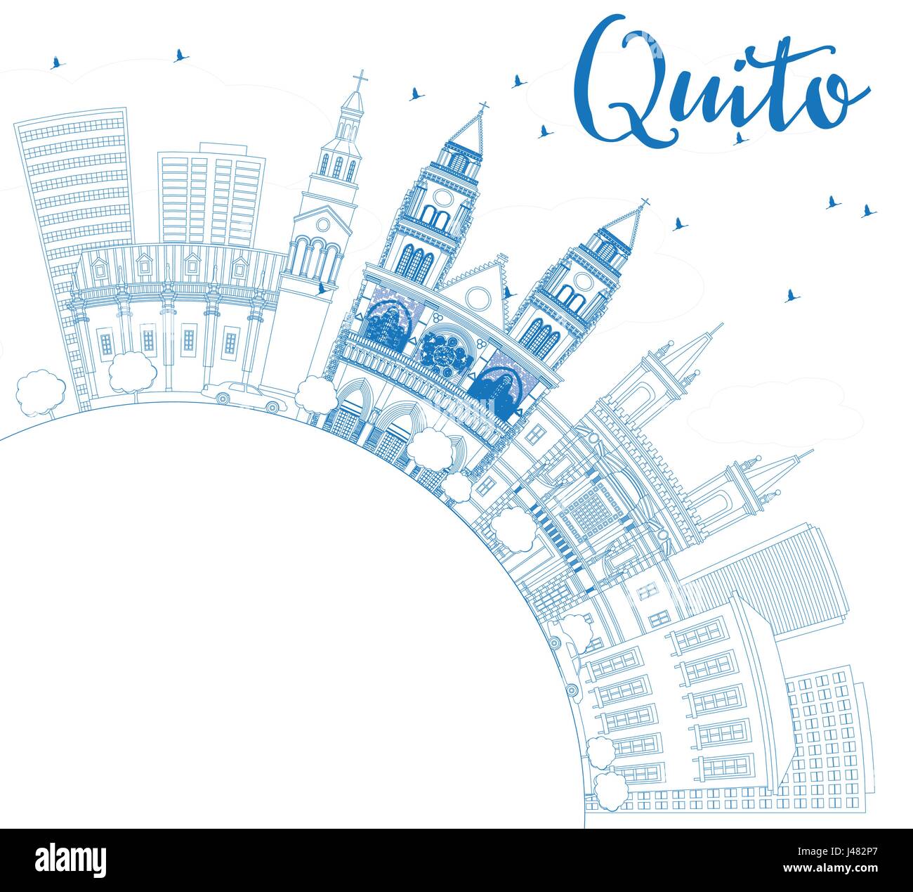 Umriss Quito mit blauen Gebäuden und textfreiraum Skyline. Vektor-Illustration. Geschäftsreisen und Tourismus-Konzept mit historischer Architektur. Stock Vektor