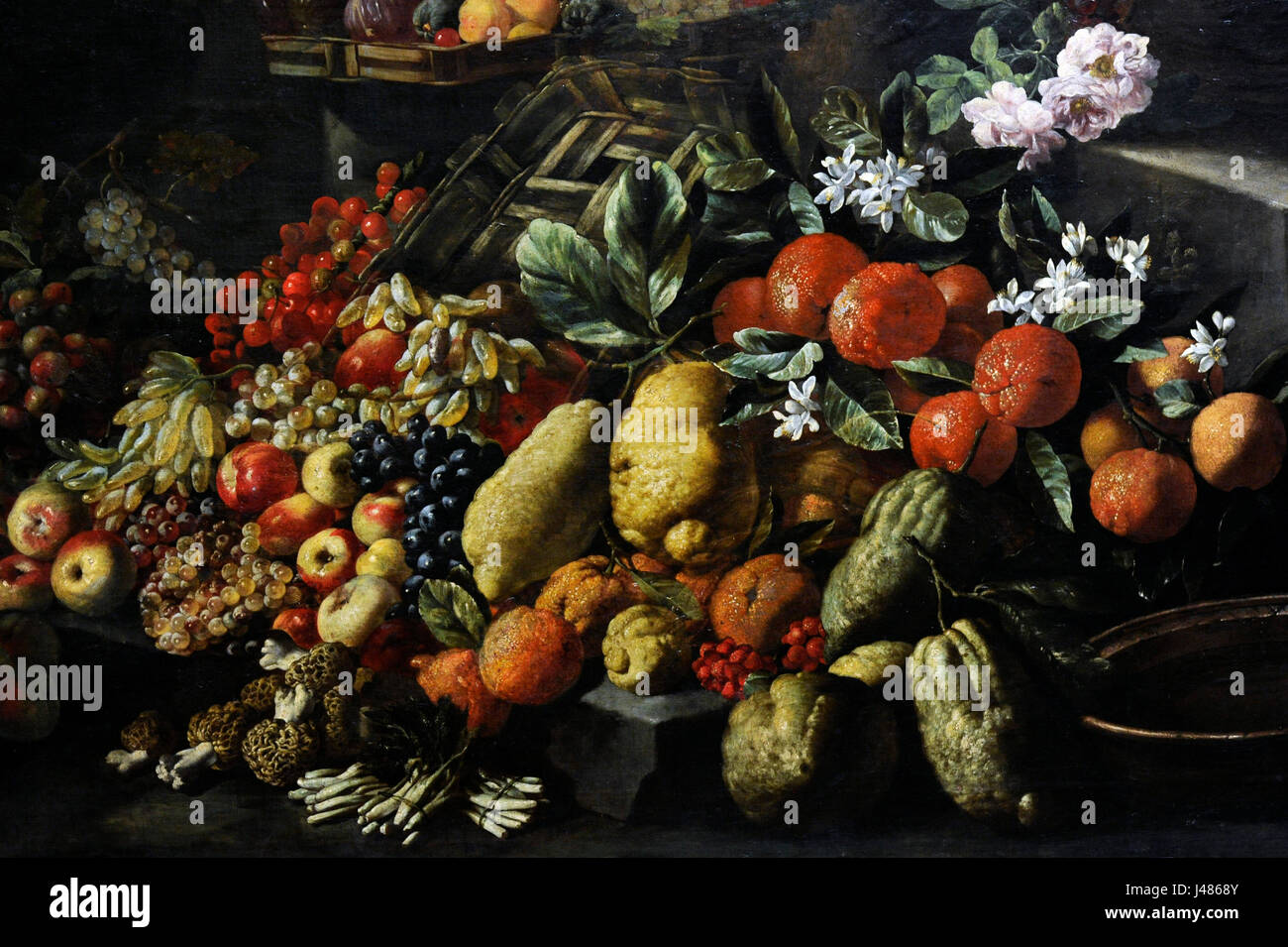 Barocke. Abraham Brueghel (1631-1697). Giuseppe Ruoppolo (?-1710). Stillleben mit Früchten und Blumen, 1680-85. Detail. Öl auf Leinwand. Nationales Museum von Capodimonte. Neapel. Italien. Stockfoto