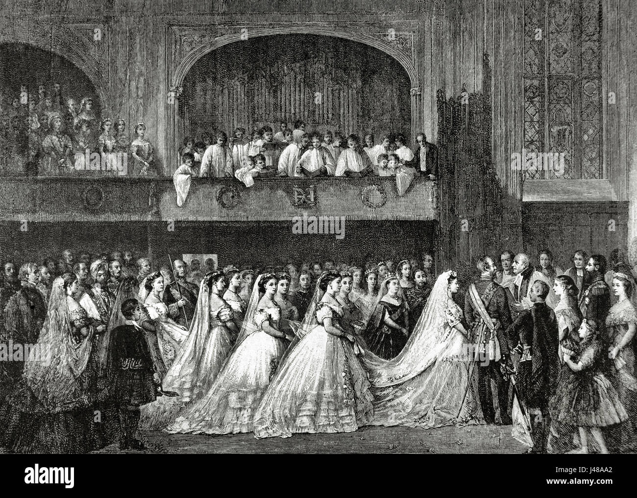 Victoria i. (1819-1901), Königin des Vereinigten Königreichs von Großbritannien und Irland (1837-1901) und Kaiserin von Indien (1876-1901), bei der Hochzeit ihrer Tochter Prinzessin Helena (1846-1923) mit Prinz Christian von Schleswig-Holstein (1831 – 1917) am 5. Juli 1866. Gravur. "Almanaque De La Ilustracion", 1888. Stockfoto