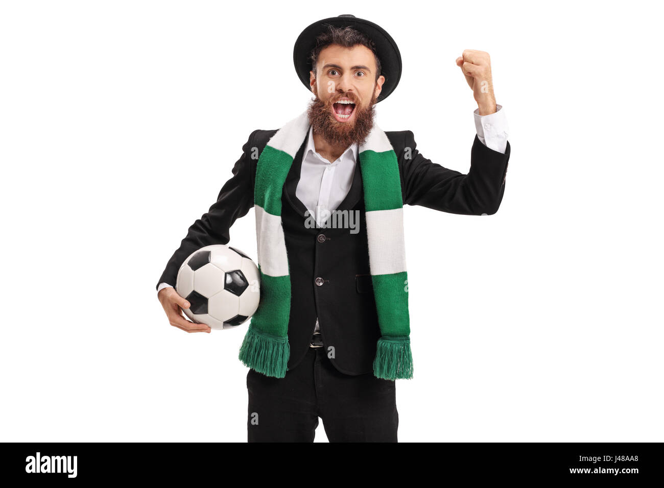 Euphorische Fußball-Fan mit einem Schal Jubel isoliert auf weißem Hintergrund Stockfoto