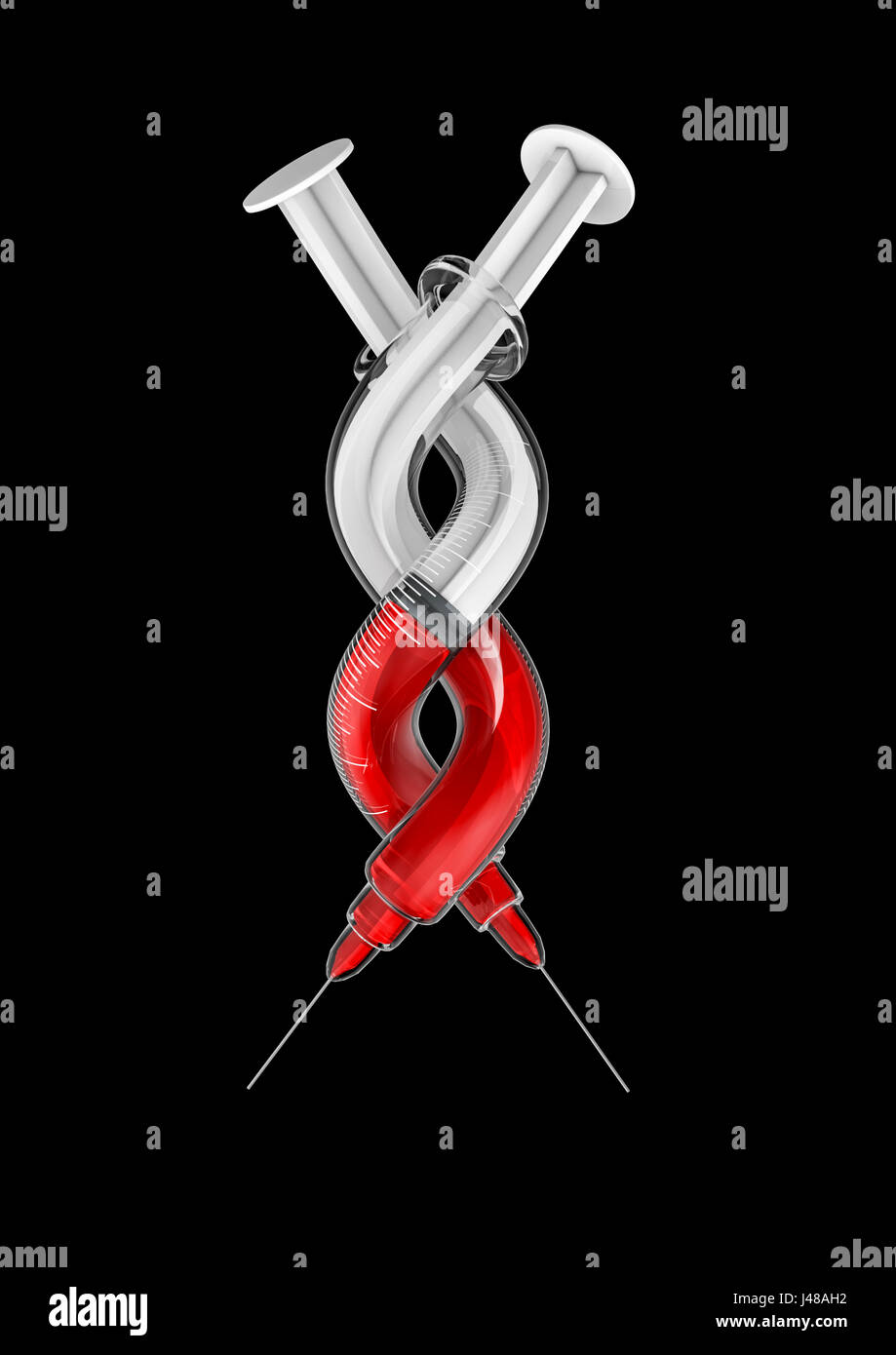 DNA-Spritzen-Konzept / 3D Darstellung der DNA-Doppelhelix-Struktur gebildet durch medizinische Spritzen Stockfoto