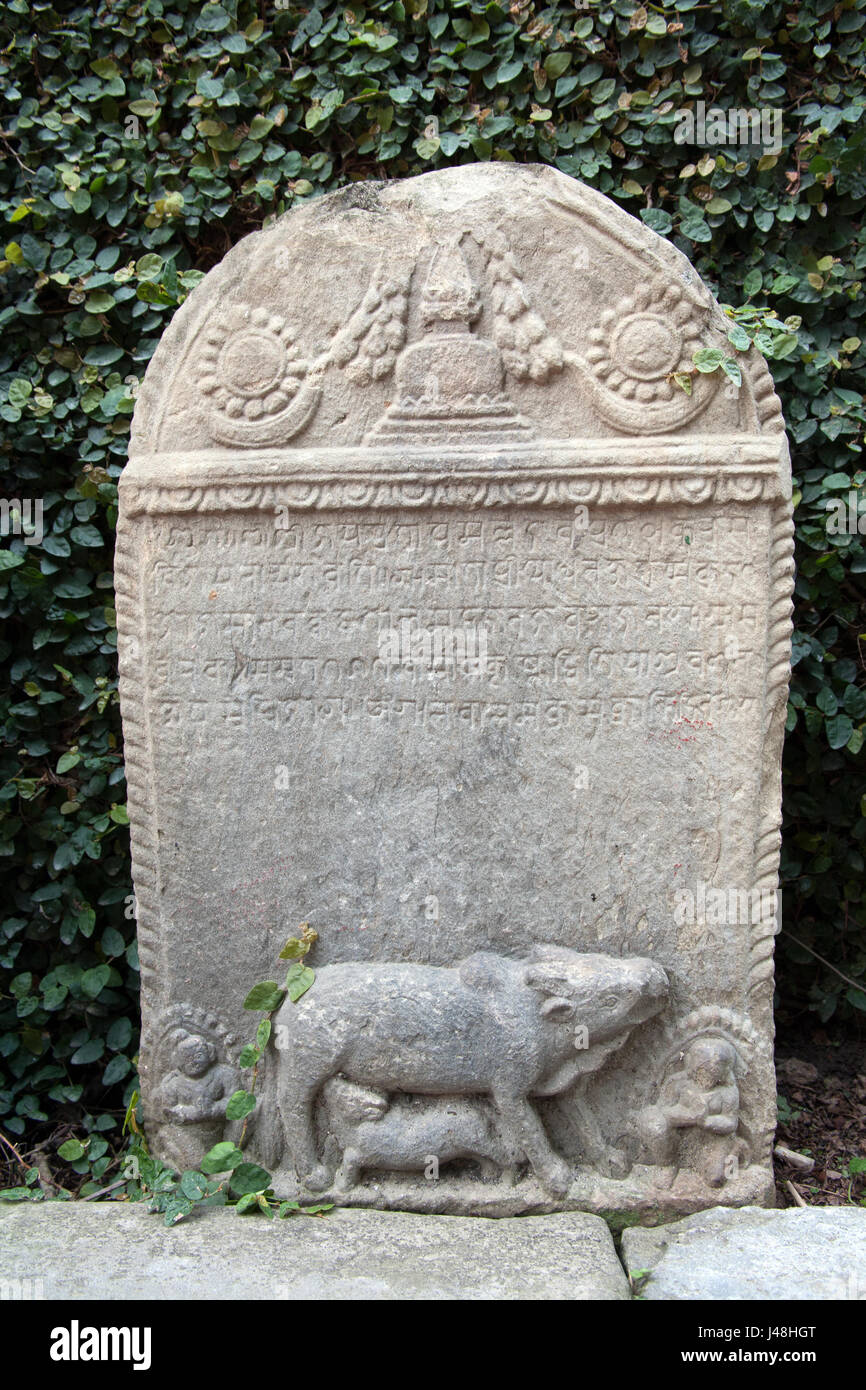 Historische Aufzeichnungen auf Steinplatten - Shilapatra oder Silapatra bekannt als steinerne Dokumente in Patan Museum Lalitpur Patan, Kathmandu, Nepal Stockfoto