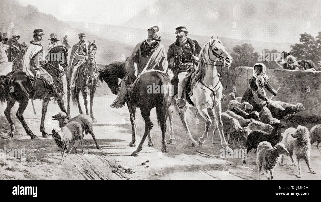 Das Treffen von Garibaldi und Victor Emmanuel II an Teano, Italien im Jahr 1860. Giuseppe Garibaldi, 1807-1882.  Italienischer General, Politiker und Nationalist.  Victor Emmanuel II, 1820-1878. König von Sardinien-Piemont, der erste König des Vereinigten Italiens wurde.  Hutchinson Geschichte der Nationen veröffentlichte 1915. Stockfoto