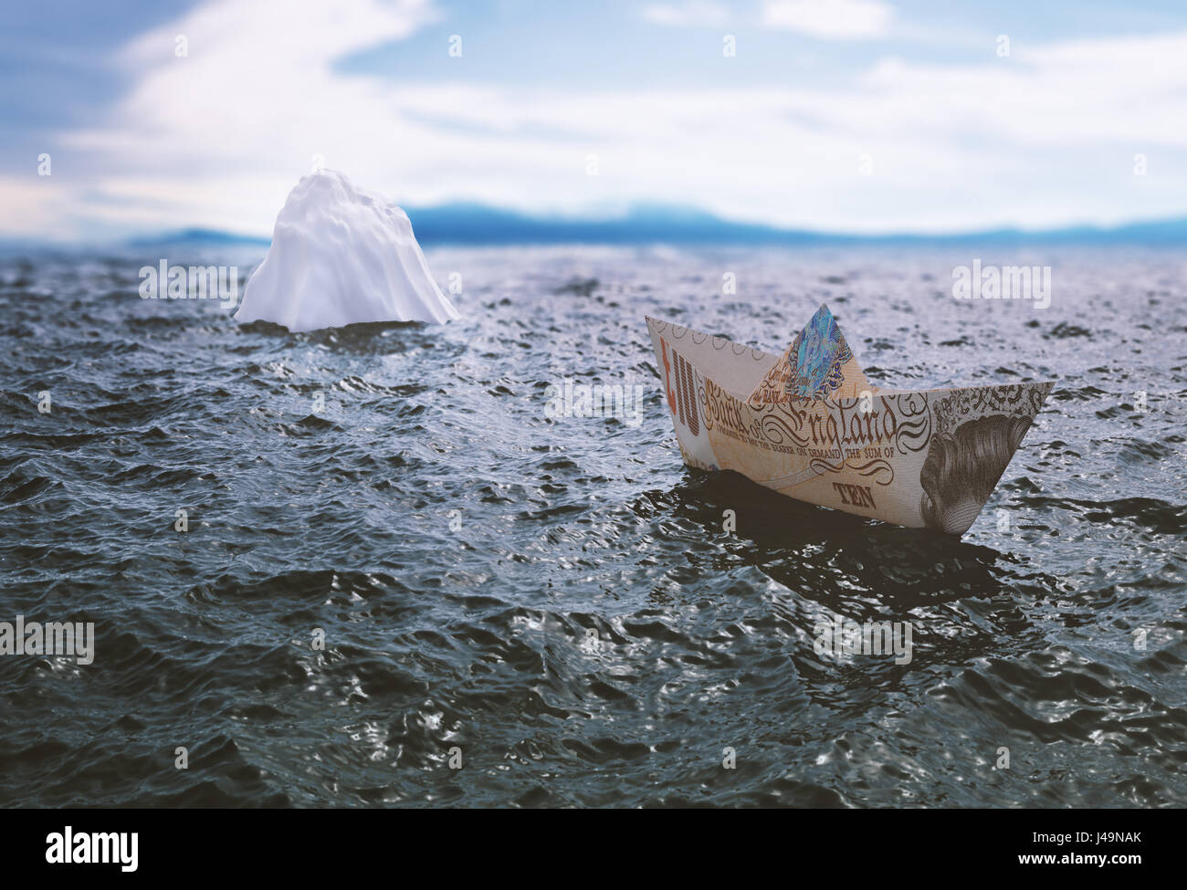 Ein Papier-Schiff gemacht aus einer zehn Pfund Banknote Überschrift in einem Eisberg - 3d illustration Stockfoto