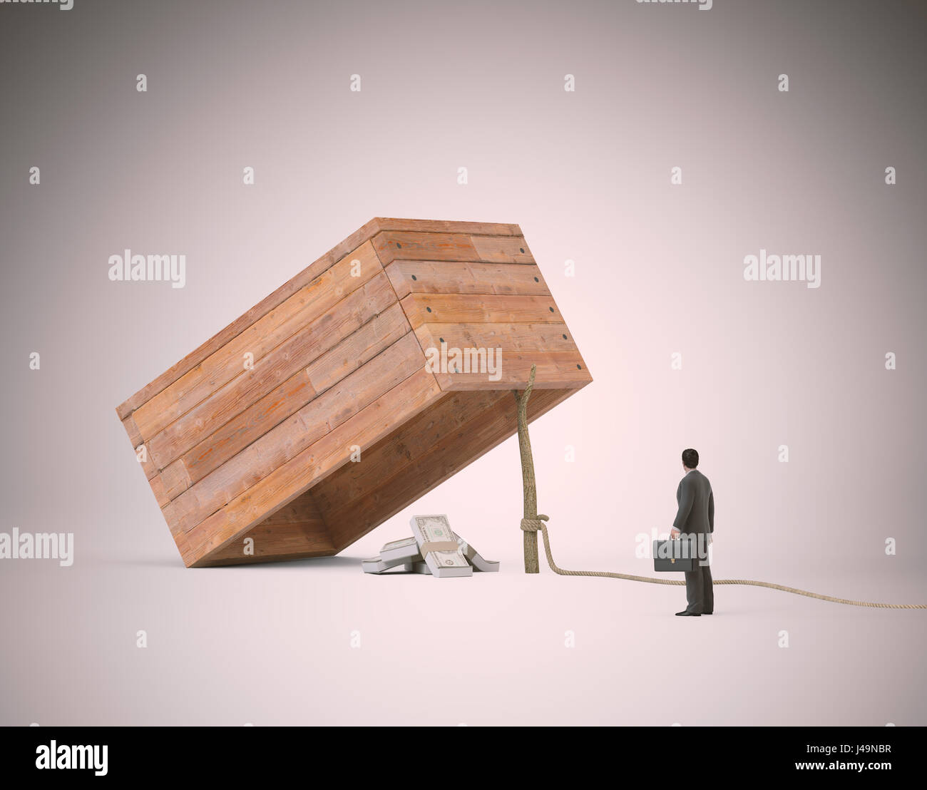 Geschäftsmann Verseilung neben einer Treppe mit Geld - 3d illustration Stockfoto