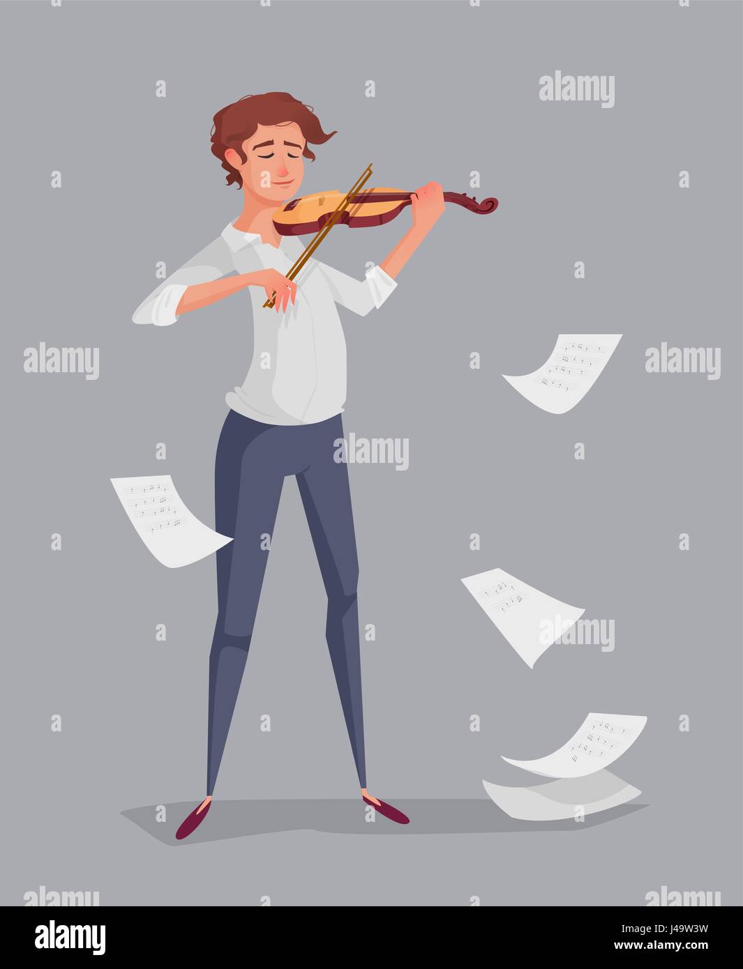 Der junge Mann spielt die Violine. Hintergrund mit Blätter Notizen. Dynamische Vektor-Illustration. Stock Vektor