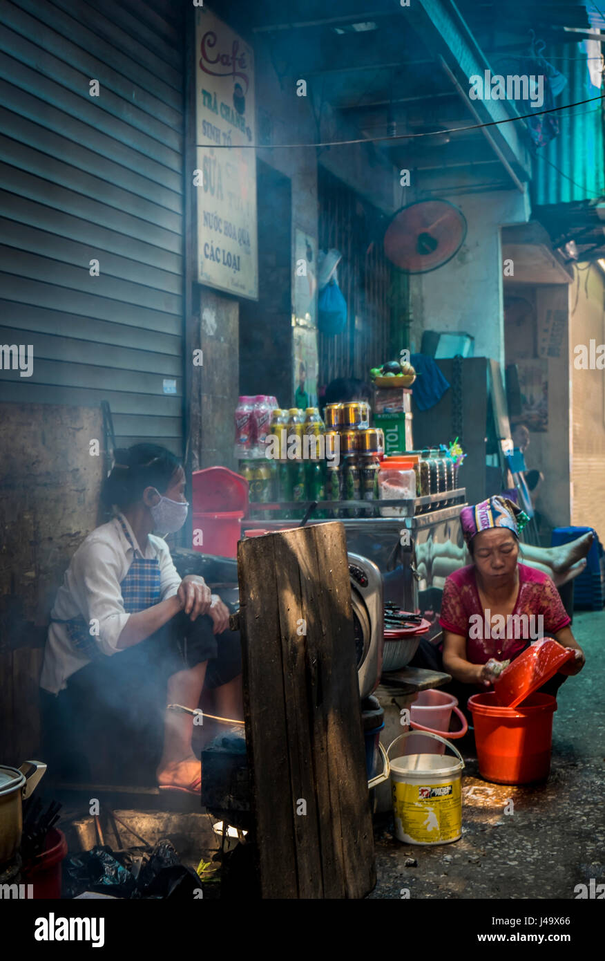 HANOI, VIETNAM - ca. SEPTEMBER 2014: Porträt der Vietnamesin Verkauf von Blumen in den Straßen von Hanoi, Vietnam. Stockfoto