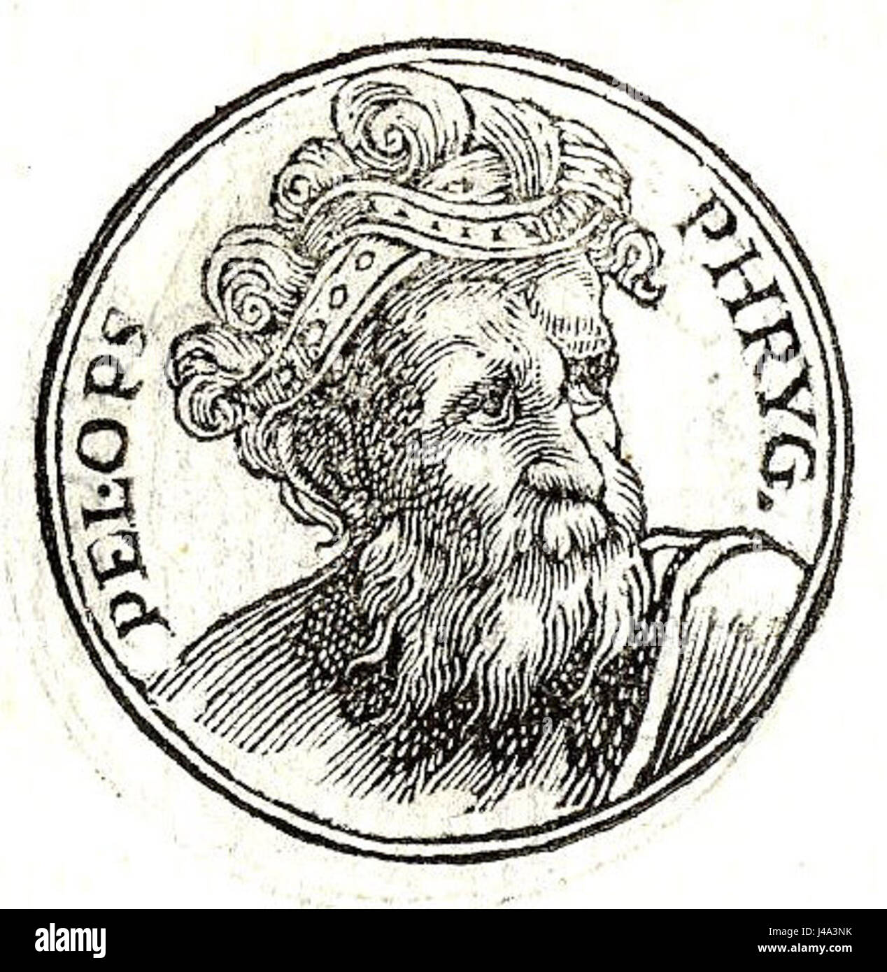 Pelops ist eine Figur aus der griechischen Mythologie, bekannt für seine tragische und heldenhafte Geschichte über eine Wagenrasse und seine spätere Herrschaft als König von Pisa. Seine Geschichte ist Teil des mythologischen Zyklus des Hauses Atreus. Stockfoto