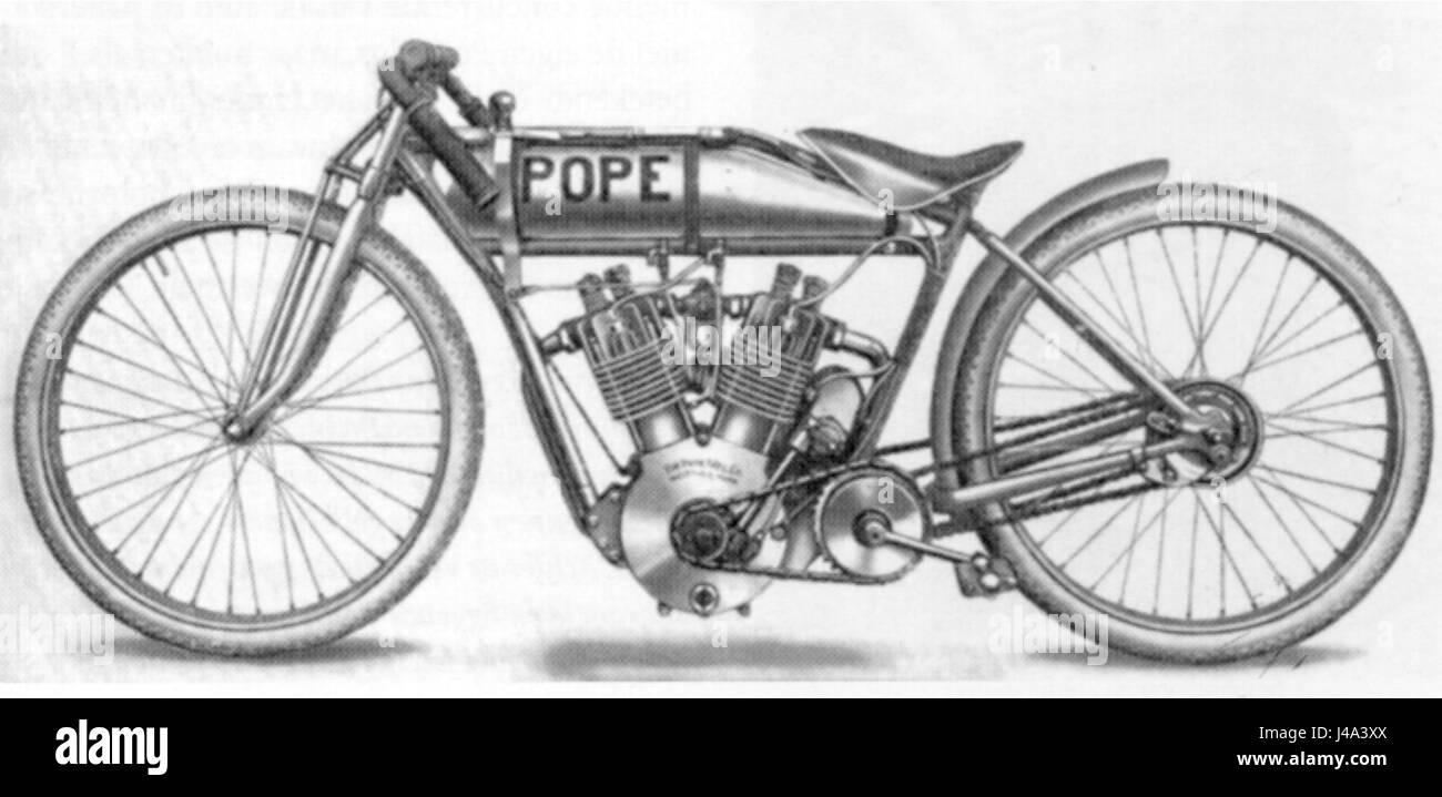 Der Pope 1000 ccm Wegracer, der um 1916 hergestellt wurde, ist ein Vintage-Rennmotorrad, das für sein innovatives Design und seine Ingenieurskunst bekannt ist. Es war Teil der Motorsportära des frühen 20. Jahrhunderts und veranschaulicht die mechanischen Fortschritte seiner Zeit. Stockfoto