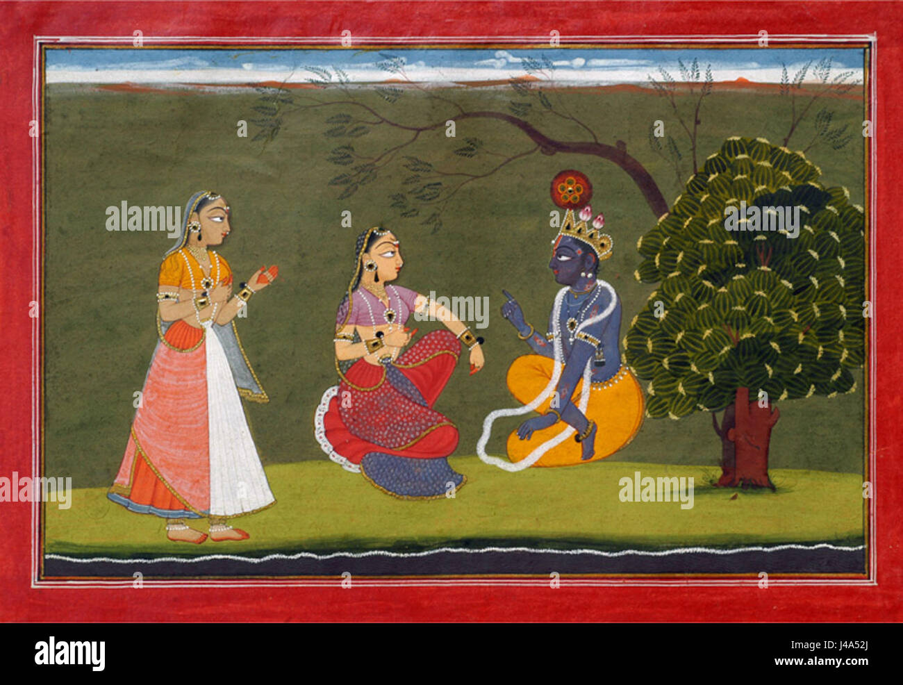 „Radha und Krishna im Gespräch“ ist eine Darstellung des göttlichen Paares Radha und Krishna im Gespräch. Dieses Kunstwerk symbolisiert oft spirituelle Liebe und Hingabe in der hinduistischen Kultur und veranschaulicht die ewige Bindung zwischen der Göttin Radha und dem Gott Krishna. Stockfoto
