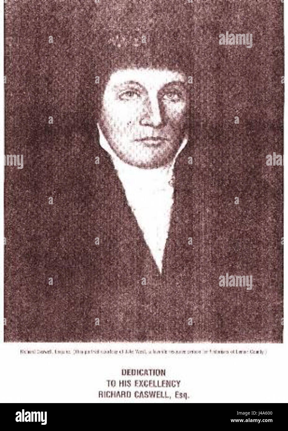Richard Caswell war ein Veteran des Amerikanischen Unabhängigkeitskriegs und erster Gouverneur von North Carolina. Er spielte eine entscheidende Rolle in der frühen Geschichte des Bundesstaates und war maßgeblich an der Unabhängigkeit North Carolinas beteiligt. Stockfoto