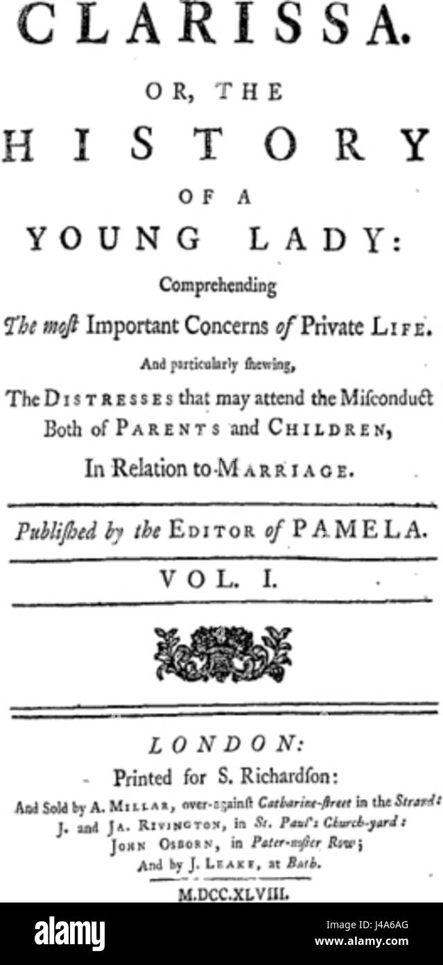 „Clarissa“ von Samuel Richardson ist ein klassischer Roman aus dem 18. Jahrhundert, der sich mit Themen wie Tugend, sozialer Status und Komplexität menschlicher Beziehungen befasst und sich mit der Geschichte einer jungen Frau namens Clarissa Harlowe und ihrem tragischen Leben befasst. Stockfoto