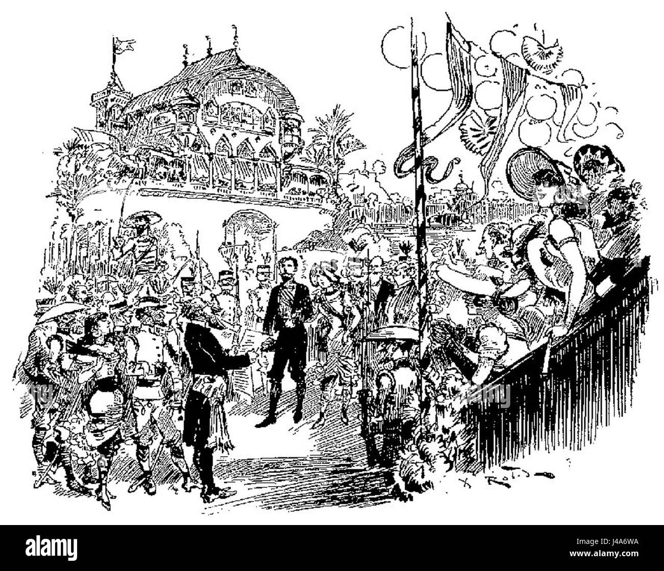 Robidas „VingtiÃ¨me SiÃ¨cle“ ist ein französisches illustriertes Werk, das die zukünftige Gesellschaft des 20. Jahrhunderts vorstellt. Das Stück fängt eine utopische Vision mit detaillierten Illustrationen ein, die den technologischen und sozialen Fortschritt der Zeit darstellen. Stockfoto