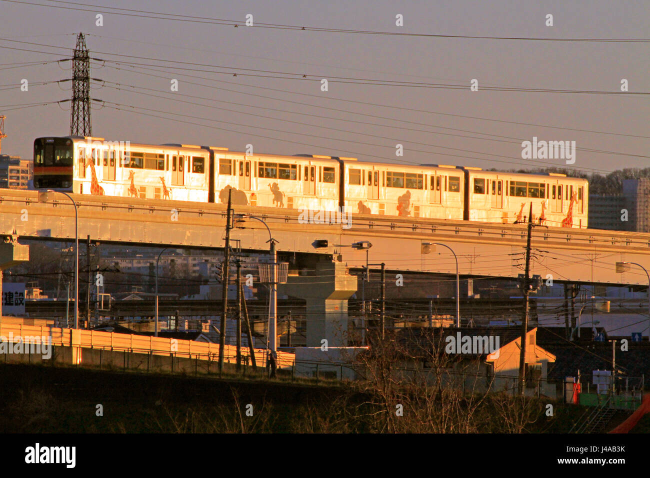 Tama-Monorail Tama Fluss Tachikawa Stadt Tokio über Tappi Bashi Brücke unterwegs Stockfoto