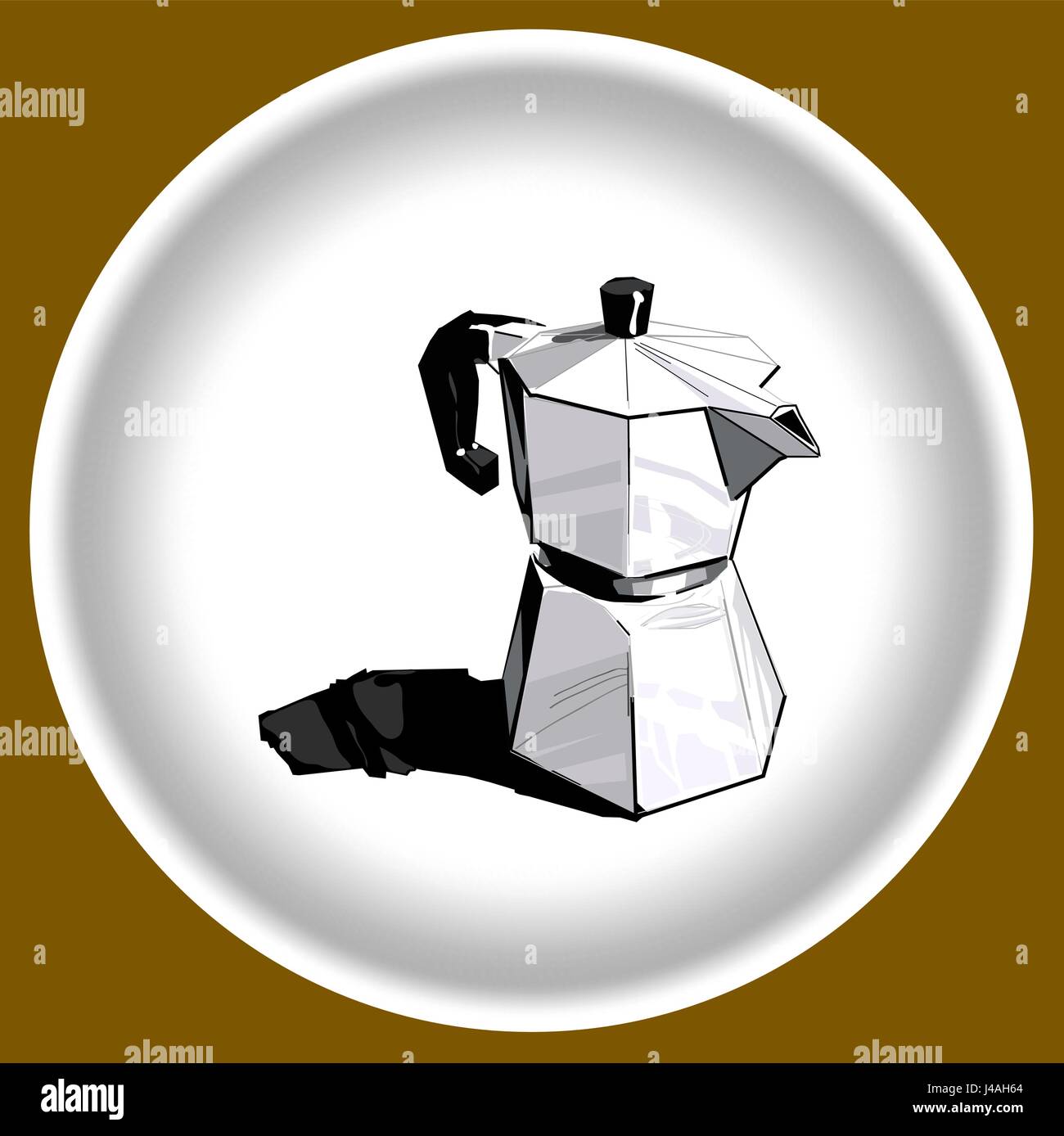 Turka. Metallische Kaffeemaschine mit Reflexion isoliert auf weißen Teller. Stock Vektor