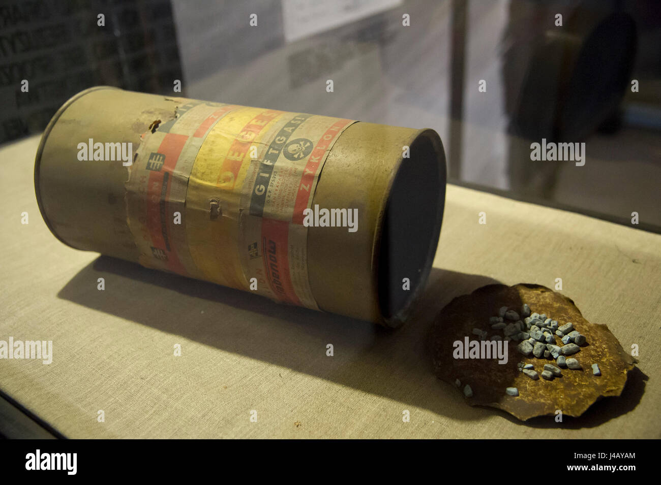 Eine Dose von Zyklon B Gas verwendet, um Juden in Gaskammern in Nazi-deutschen Vernichtungslagern töten zeigte auf Ausstellung des Museum Stutthof in Stockfoto