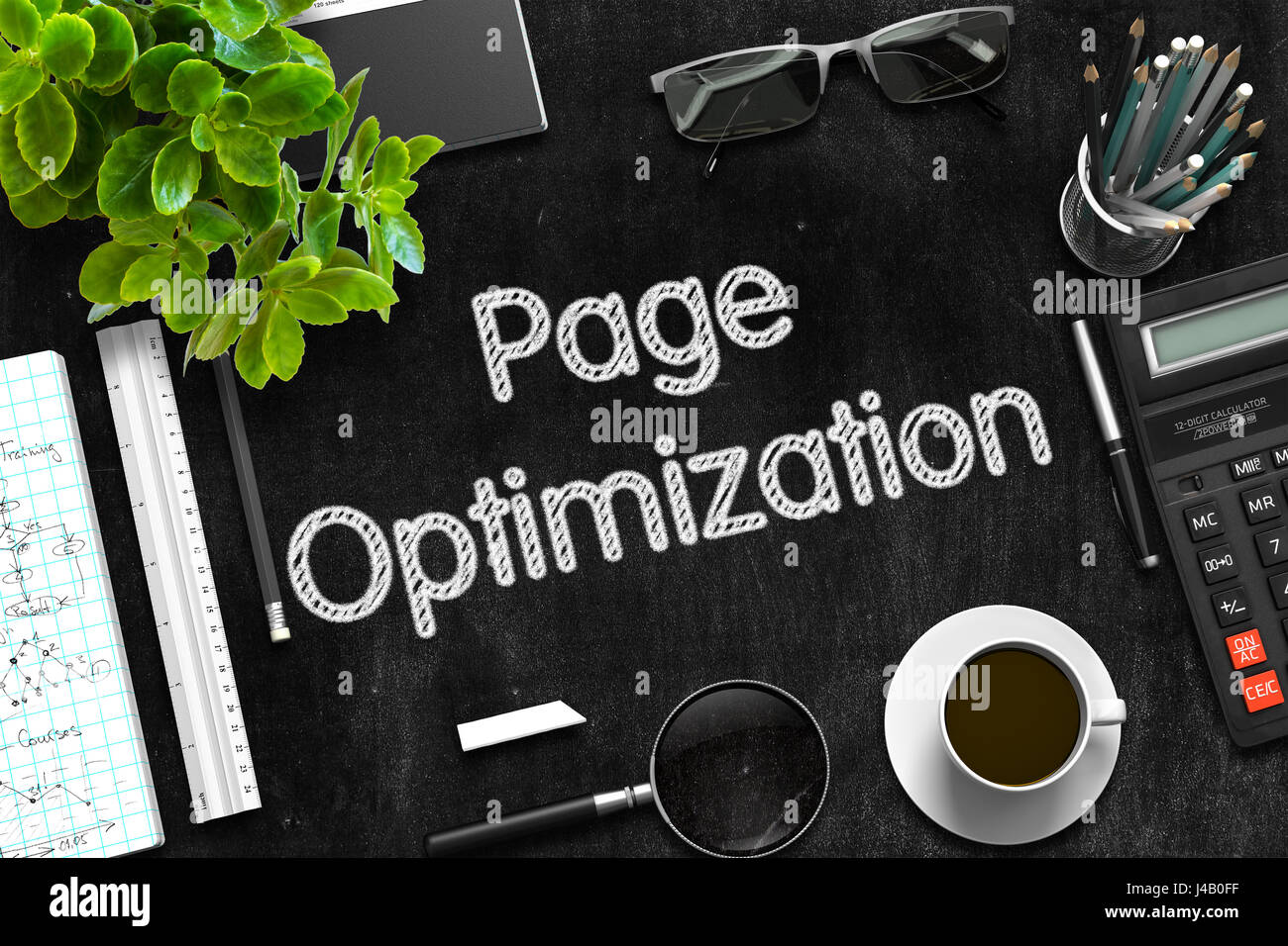 Page-Optimierung - Text auf schwarzen Tafel. 3D-Rendering. Stockfoto