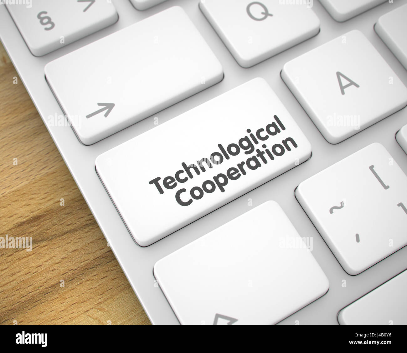 Wissenschaftlich-technische Zusammenarbeit - Meldung auf weiße Tastatur-Taste. 3D Stockfoto