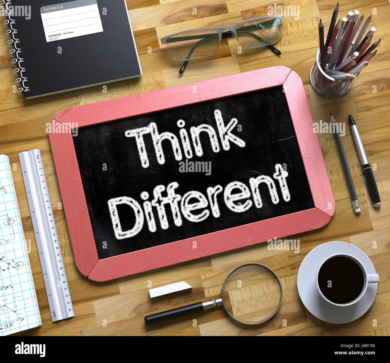 Think Different auf kleinen Tafel. 3D. Stockfoto