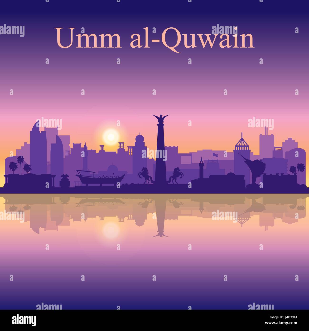 Umm silhouette al-Quwain auf Sonnenuntergang Hintergrund, Vektor-illustration Stock Vektor