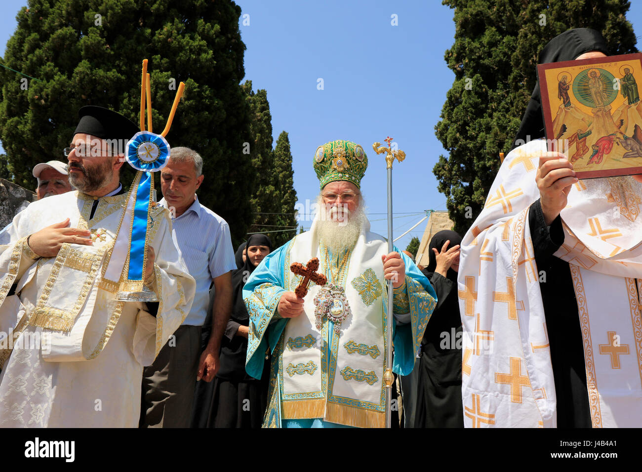 Israel, Berg Tabor, Verklärung Tag Prozession am griechisch-orthodoxen Kloster St. Elias Stockfoto