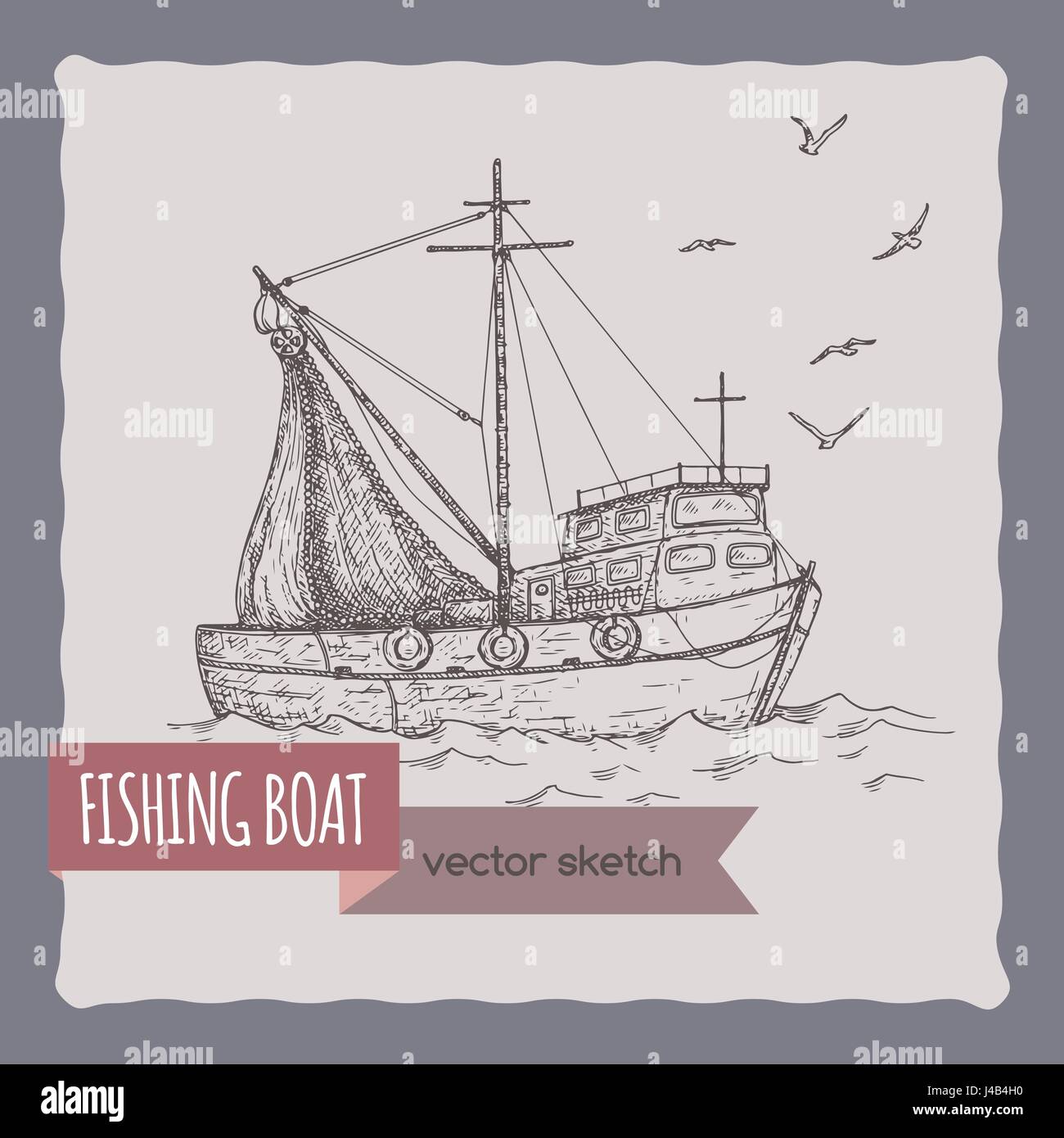 Angelboot/Fischerboot mit Netzen Skizze. Stock Vektor