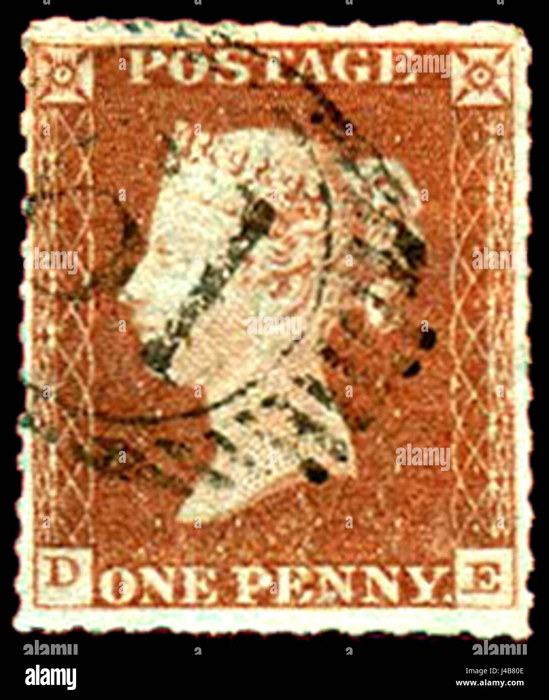 Die Penny Red, eine britische Briefmarke aus dem Jahr 1841, ist eine der ersten, die das Profil von Queen Victoria zeigt. Es wurde für einen Pfennig-Portopreis verwendet und ist ein bedeutendes Artefakt in der Postgeschichte. Stockfoto