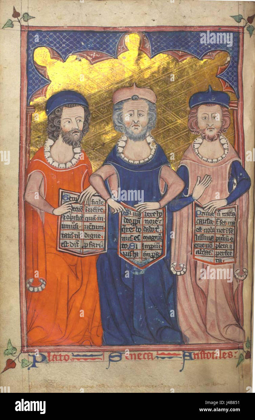 Diese Referenz untersucht den Einfluss der antiken Philosophen wie Platon, Seneca und Aristoteles im Mittelalter. Diese Denker formten die mittelalterliche Philosophie und ihre Werke wurden an Universitäten in ganz Europa studiert, was den Grundstein für den Scholastizismus legte. Stockfoto