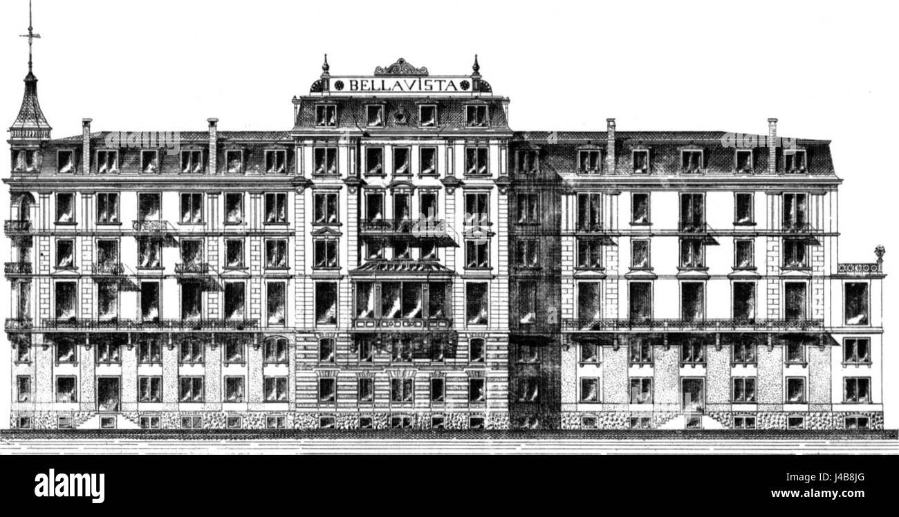 Der Pontresina Kronenhof Entwurf in Ragaz ist ein architektonisches Design für ein Hotel in den Schweizer Alpen, das elegante alpine Architektur präsentiert und den Schwerpunkt der Region auf Luxus-Gastfreundschaft widerspiegelt. Stockfoto