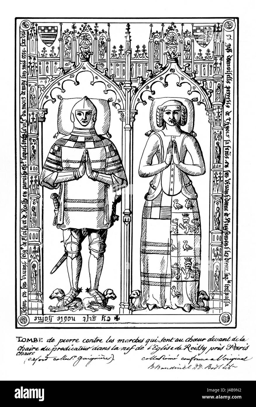 Die Kirche Saint Eloi in Roissy-en-France zeigt die Gräber von Jehan Sauvage und Damoiselle Perrette de Thyois, zwei historische Figuren aus dem Mittelalter. Ihre Gräber spiegeln die historische Bedeutung der Kirche und ihre Rolle bei der Bewahrung des lokalen Erbes wider. Stockfoto