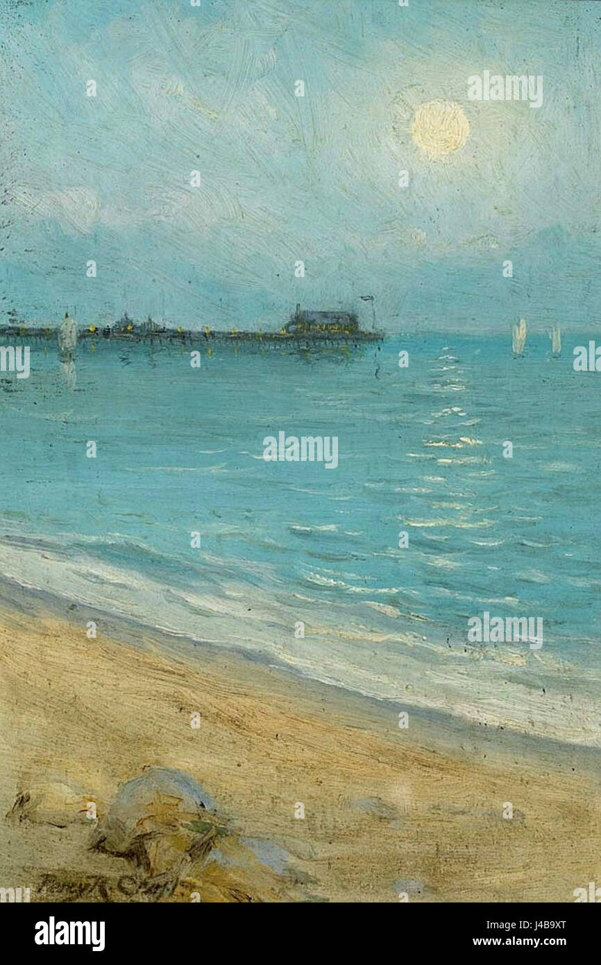 „Shipping by an English Pier at Dusk“ von Percy Robert Craft fängt die ruhige und stimmungsvolle Szene der Schiffe ein, die während des Sonnenuntergangs an einem Pier angedockt wurden, und zeigt Crafts Aufmerksamkeit für Beleuchtung und Details. Stockfoto