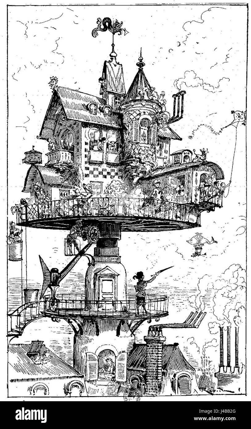 Robidas Werk „Vingtième Siècle“ (das zwanzigste Jahrhundert) spiegelt seine Zukunftsvision wider und zeigt eine einzigartige Mischung aus Science-Fiction und gesellschaftlichem Kommentar. Es enthält Abbildungen, die technologische Fortschritte vorhersagen. Stockfoto