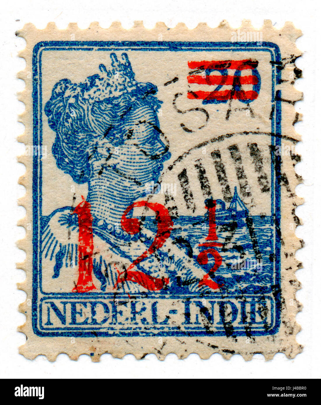 Dies ist eine Marke aus den Niederländisch-Indien, ausgestellt im Jahr 1930. Es repräsentiert die Postgeschichte der Region und gibt Einblicke in die Verwendung von Porto für die Kommunikation in der Kolonialzeit. Stockfoto