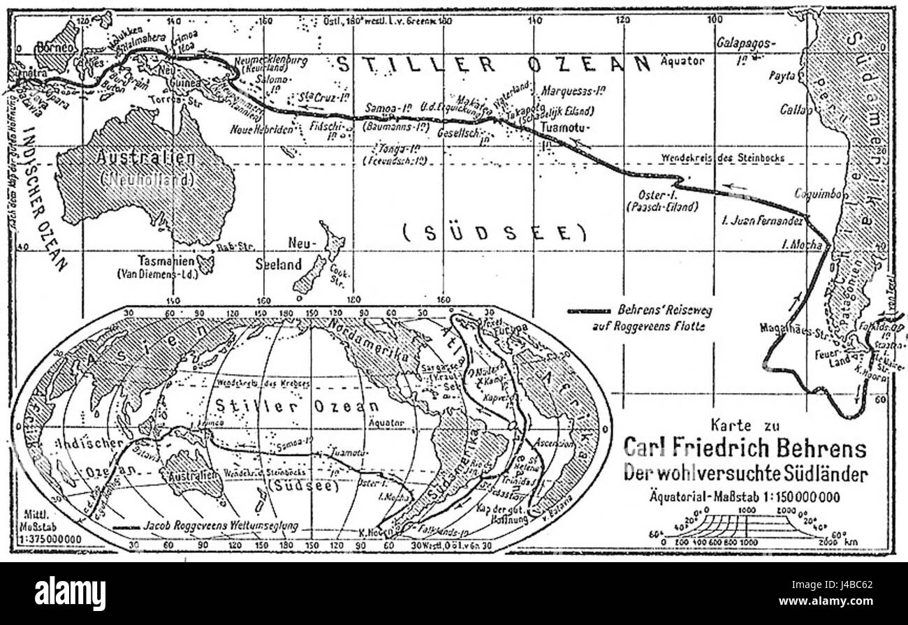 Die Roggeveen-Reise war eine berühmte Seefahrtsexpedition unter der Leitung des niederländischen Seefahrers Jacob Roggeveen im frühen 18. Jahrhundert, bekannt für ihre Erkundung des Pazifischen Ozeans und die Entdeckung der Osterinsel. Stockfoto