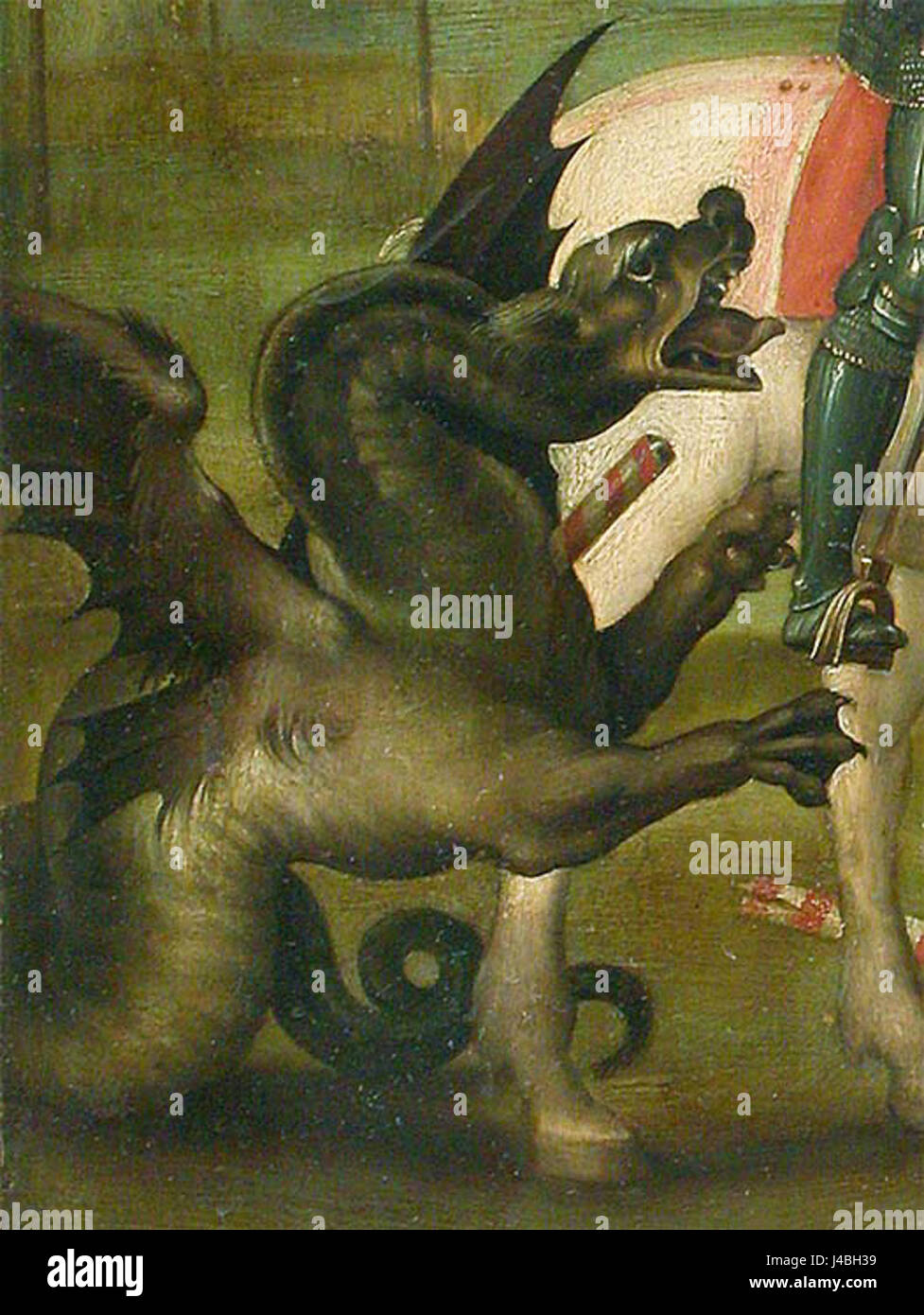 „San Giorgio e il Drago“ (St. Georg und der Drache) von Raffael zeigt die legendäre Geschichte des Heiligen Georg, der den Drachen tötet, ein Symbol der Tugend, die über das Böse triumphiert. Dieses ikonische Werk zeigt Raphaels Meisterschaft in der Komposition und der Verwendung von Farben. Stockfoto
