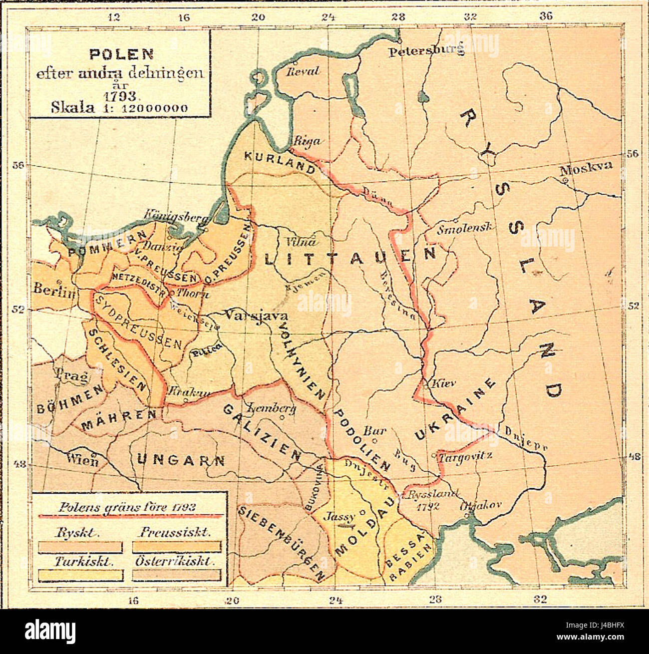 Polens zweite Teilung bezieht sich auf die territoriale Teilung Polens zwischen Preußen, Russland und Österreich im Jahr 1793, die zu bedeutenden politischen und sozialen Veränderungen führte. Dieses Ereignis bedeutete den Verlust der polnischen Souveränität und war ein Vorläufer der Dritten Partition im Jahr 1795. Stockfoto