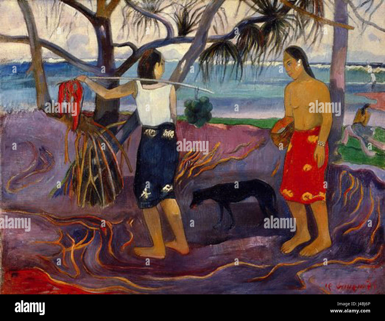 „Raro te Oviri Sous les Pandanus“ ist ein bemerkenswertes Kunstwerk von Paul Gauguin, das das tahitische Leben im Schatten der Pandanus-Bäume darstellt. Dieses Stück fängt die tropische Umgebung und die indigene Kultur in lebendigen Farben ein. Stockfoto