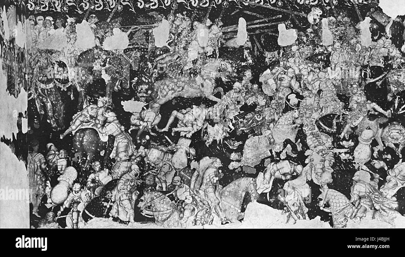 Das Werk „Torneo Battaglia di Liuverzep“ von Pisanello zeigt eine detaillierte Kampfszene und zeigt sein Können in der Darstellung dynamischer Bewegungen und historischer Themen in der Kunst der frühen Renaissance. Stockfoto