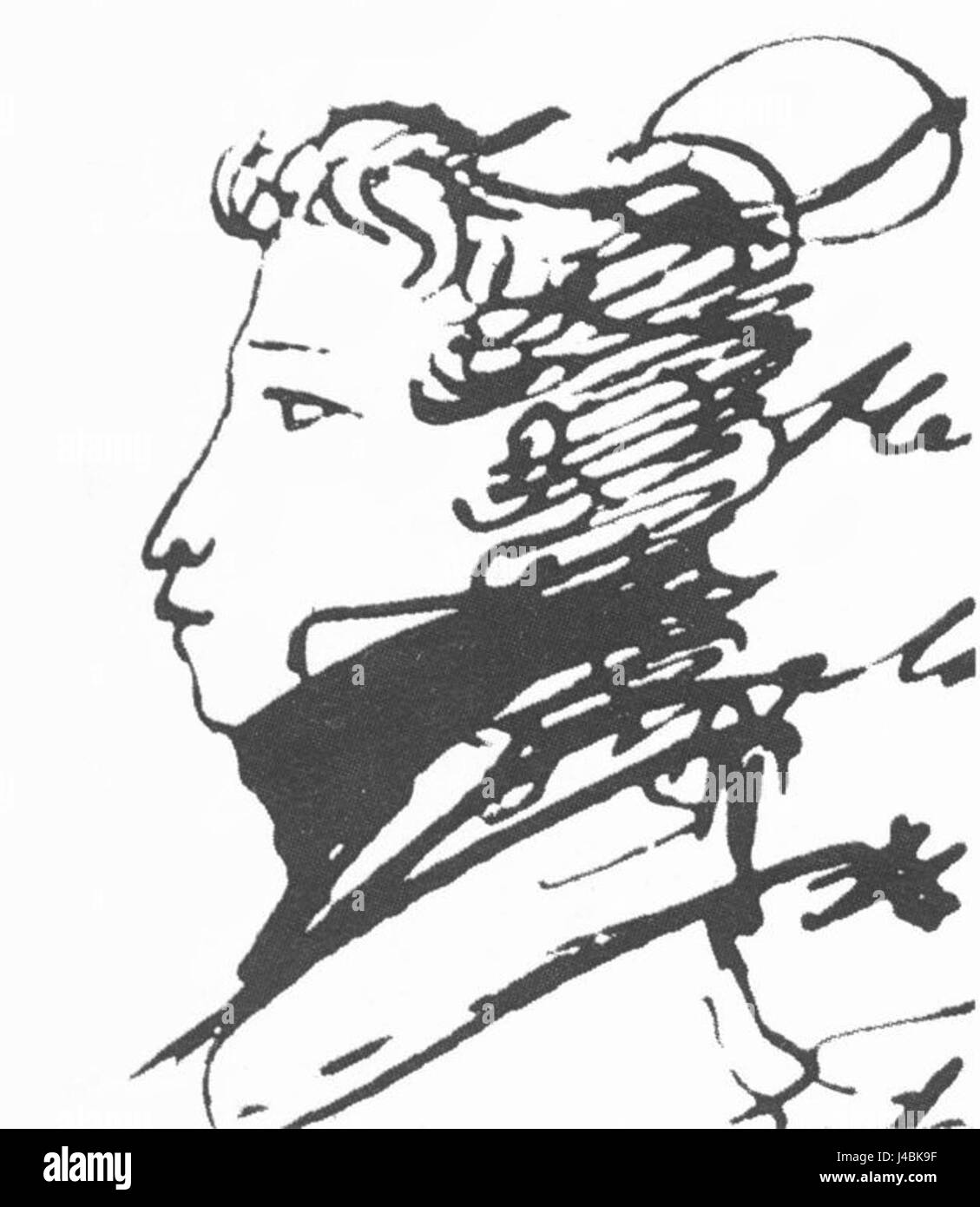 Alexander Puschkin, der bekannte russische Dichter, schuf in den 1820er Jahren ein Selbstporträt Diese künstlerische Darstellung fängt sein Gleichnis während seiner frühen Karriere ein und bietet Einblicke in seine Persönlichkeit und das kulturelle Umfeld Russlands im frühen 19. Jahrhundert. Stockfoto