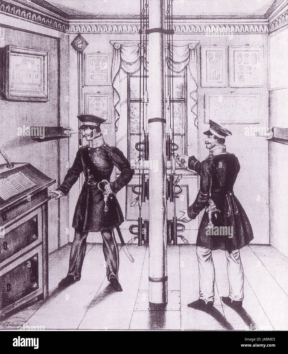 Das preußische optische Telegrafensystem war eine frühe Kommunikationstechnik, die im 19. Jahrhundert eingesetzt wurde. Es verwendete eine Reihe von Türmen mit visuellen Signalen, um Botschaften über große Entfernungen zu übertragen, was als wichtige Entwicklung in der militärischen und staatlichen Kommunikation diente. Stockfoto