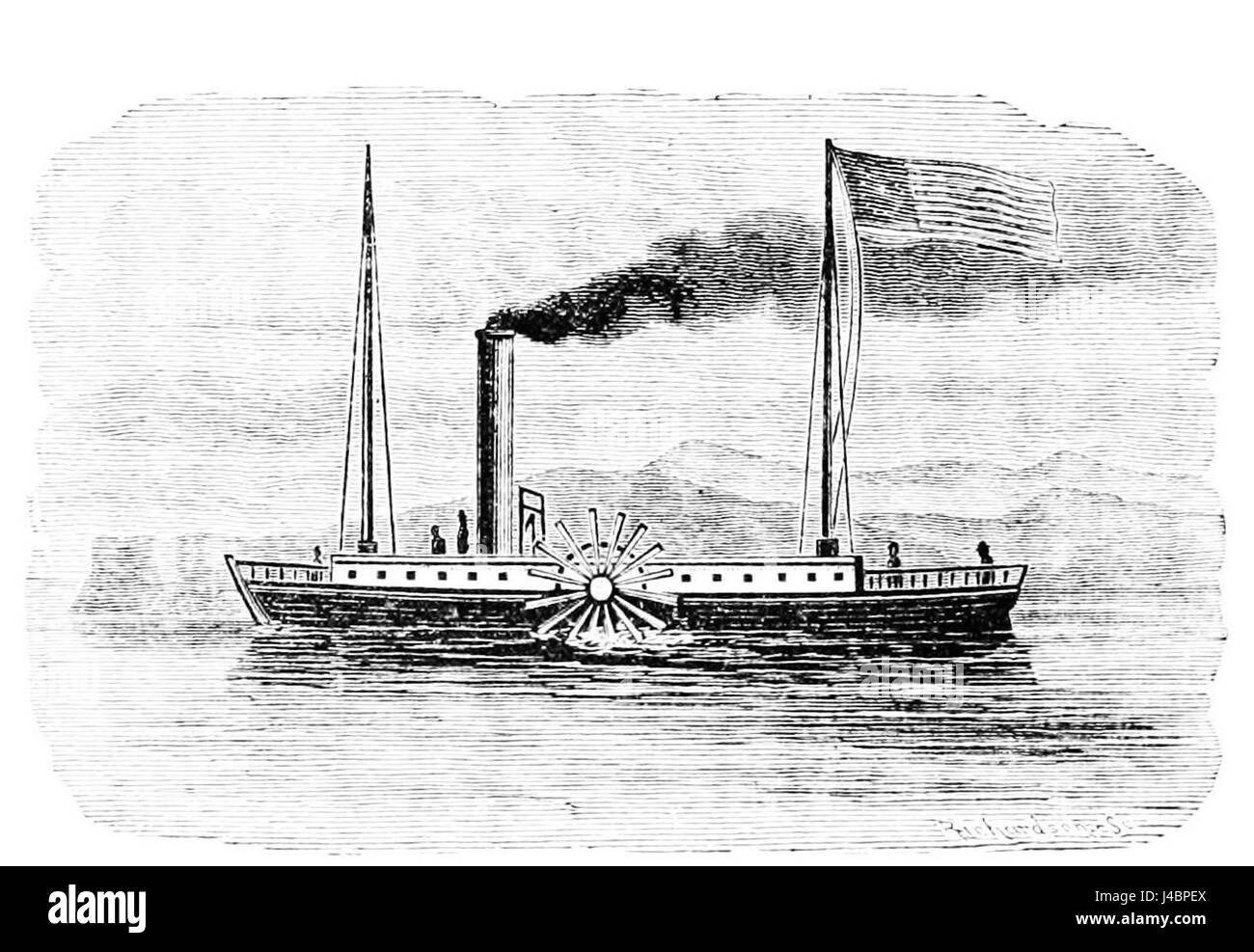 Die Clermont, die 1807 auf den Markt kam, war ein Dampfschiff von Robert Fulton und gilt als das erste erfolgreiche dampfbetriebene Schiff für den kommerziellen Transport. Es markiert den Beginn einer neuen Ära im Fluss- und Seeverkehr in den Vereinigten Staaten. Stockfoto