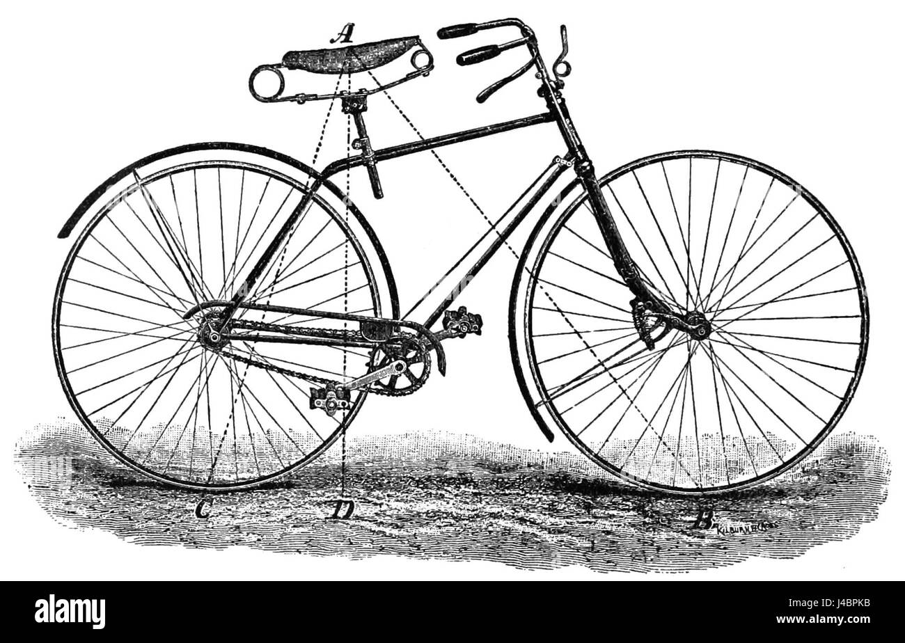 Diese Abbildung zeigt ein *Sicherheitsfahrrad* mit Kraftlinien, die die mechanischen Prinzipien der Fahrradbewegung und -Konstruktion im frühen 20. Jahrhundert hervorheben. Stockfoto