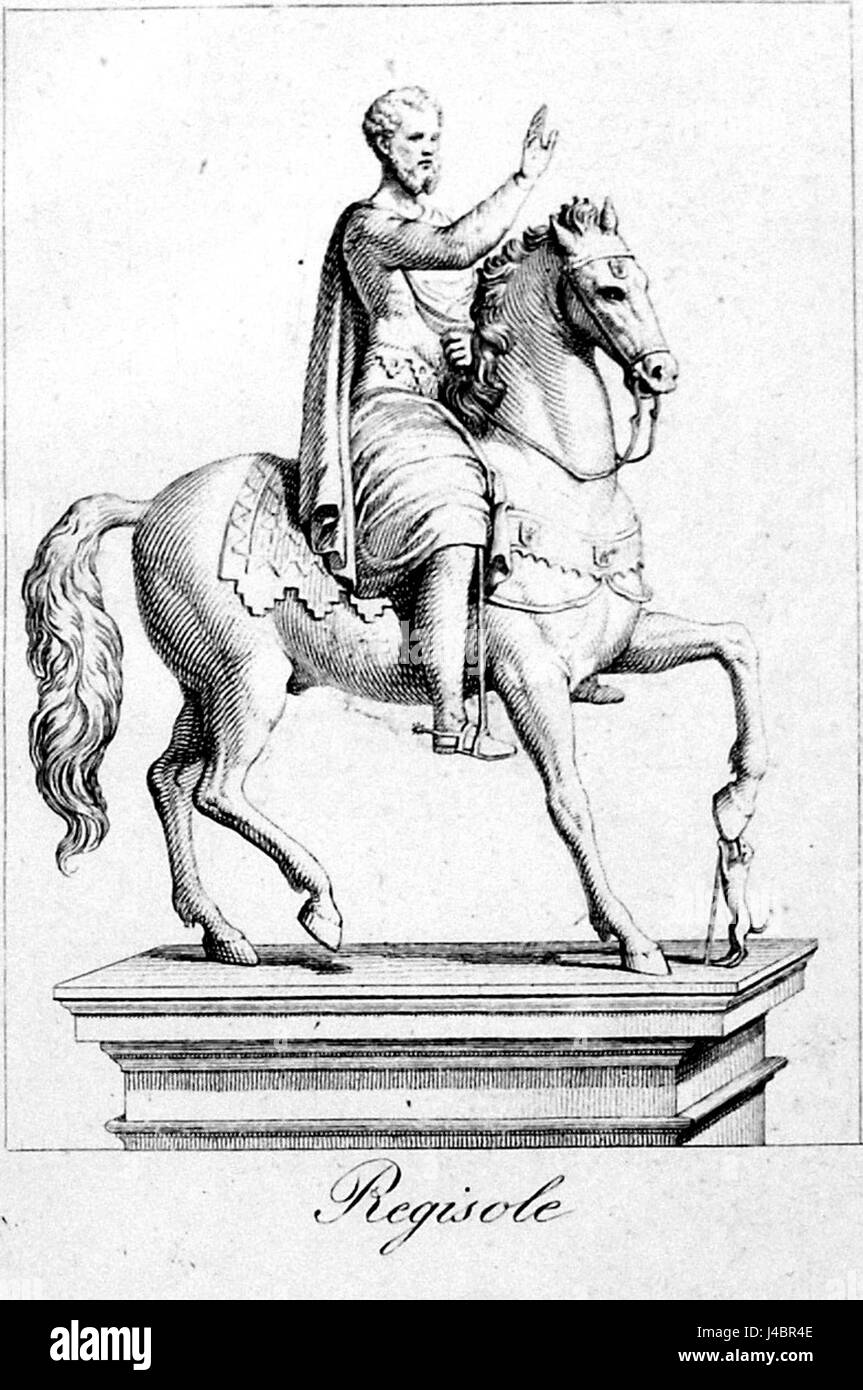 „Regisole, di C. Ferreri, 1832“ bezieht sich auf ein Kunstwerk oder ein historisches Werk von C. Ferreri, das wahrscheinlich eine klassische oder historische Figur darstellt, die 1832 geschaffen wurde. Stockfoto