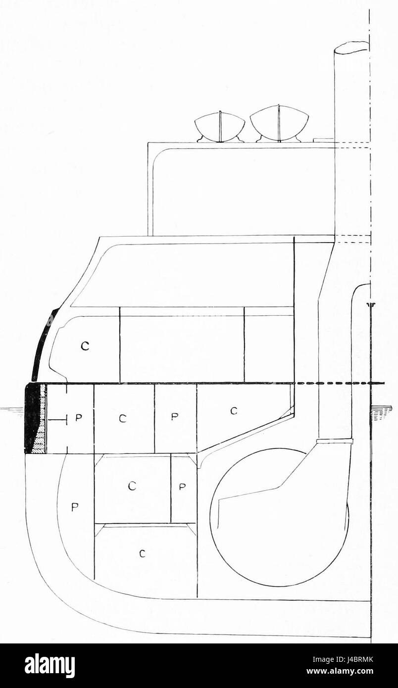Dieses Bild ist eine Schnittansicht des Iowa-Schlachtschiffs, eines Kriegsschiffs aus dem Zweiten Weltkrieg. Das Bild bietet einen detaillierten Blick auf die Mitte des Schlachtschiffs und zeigt dessen Design und die strukturellen Komponenten. Stockfoto